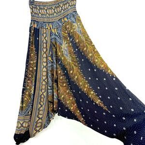 Banjamath Navy Blue Orange Ethnic Global Feather Print Romper Harem Pant